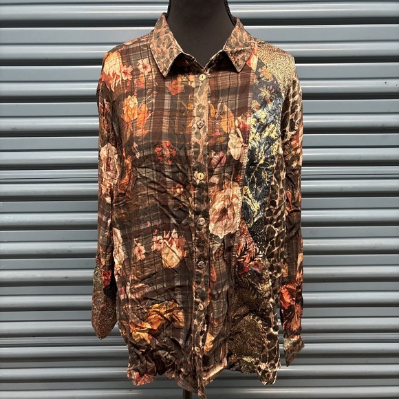 Johnny Was Workshop Octave Shirt Women M Floral Patchwork Animal Print Boho Silk